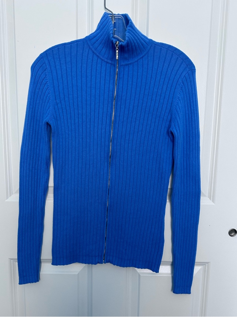 J McLaughlin Ribbed Zip Front Sweater Blue Cotton Modal Stretch Size Small